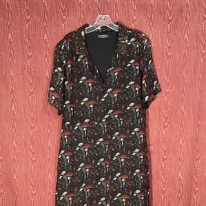 DISTURBIA Amanuta Chiffon Midi Shirt Button Up V-Neck Soft Dress Mushrooms Sz 16